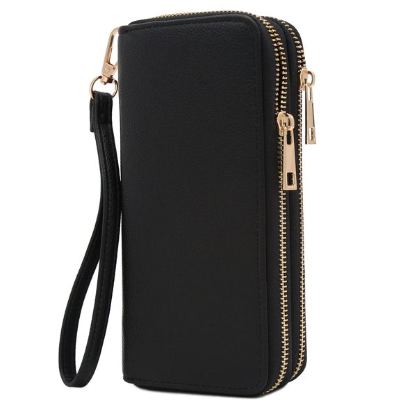 Double Zip Around Pu Leather Wristlet Wallet Black O_O - Picture 1 of 7